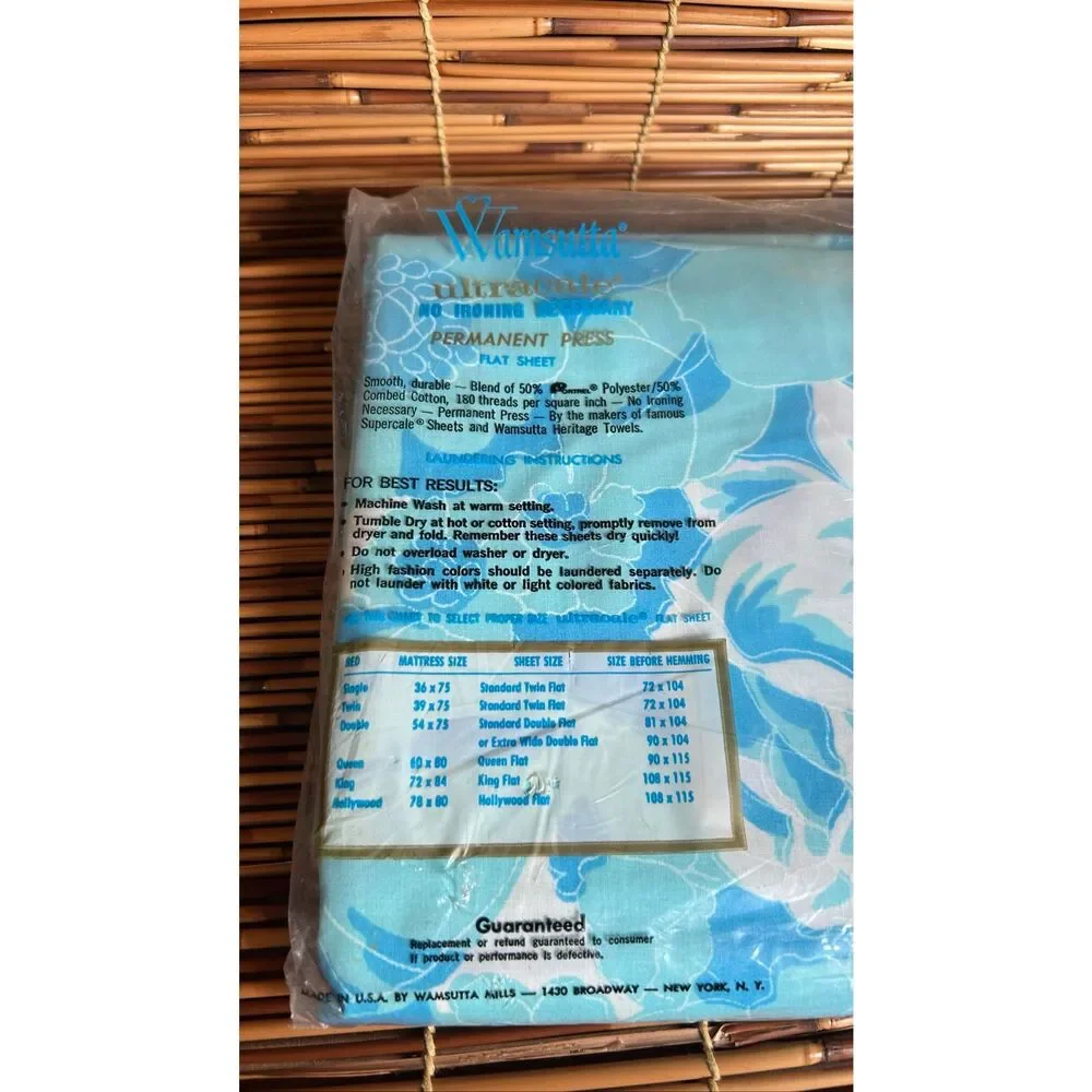 Wamsutta Double Flat Sheet NIP Vintage Floral Linen Blue Turquoise